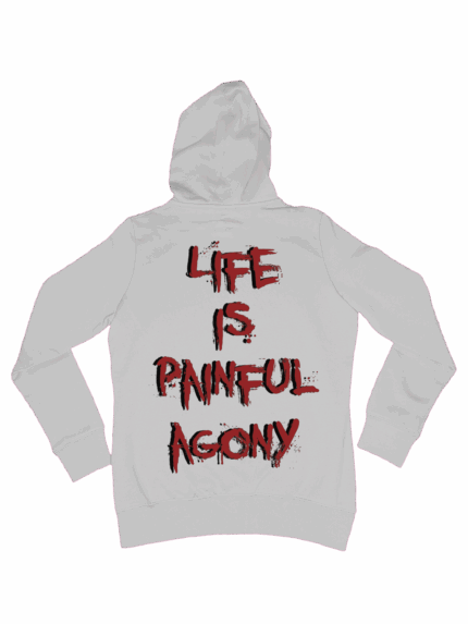 Vyšívaná a potlačená handmade mikina LIFE IS PAINFUL AGONY – ekologická a originálna hoodie